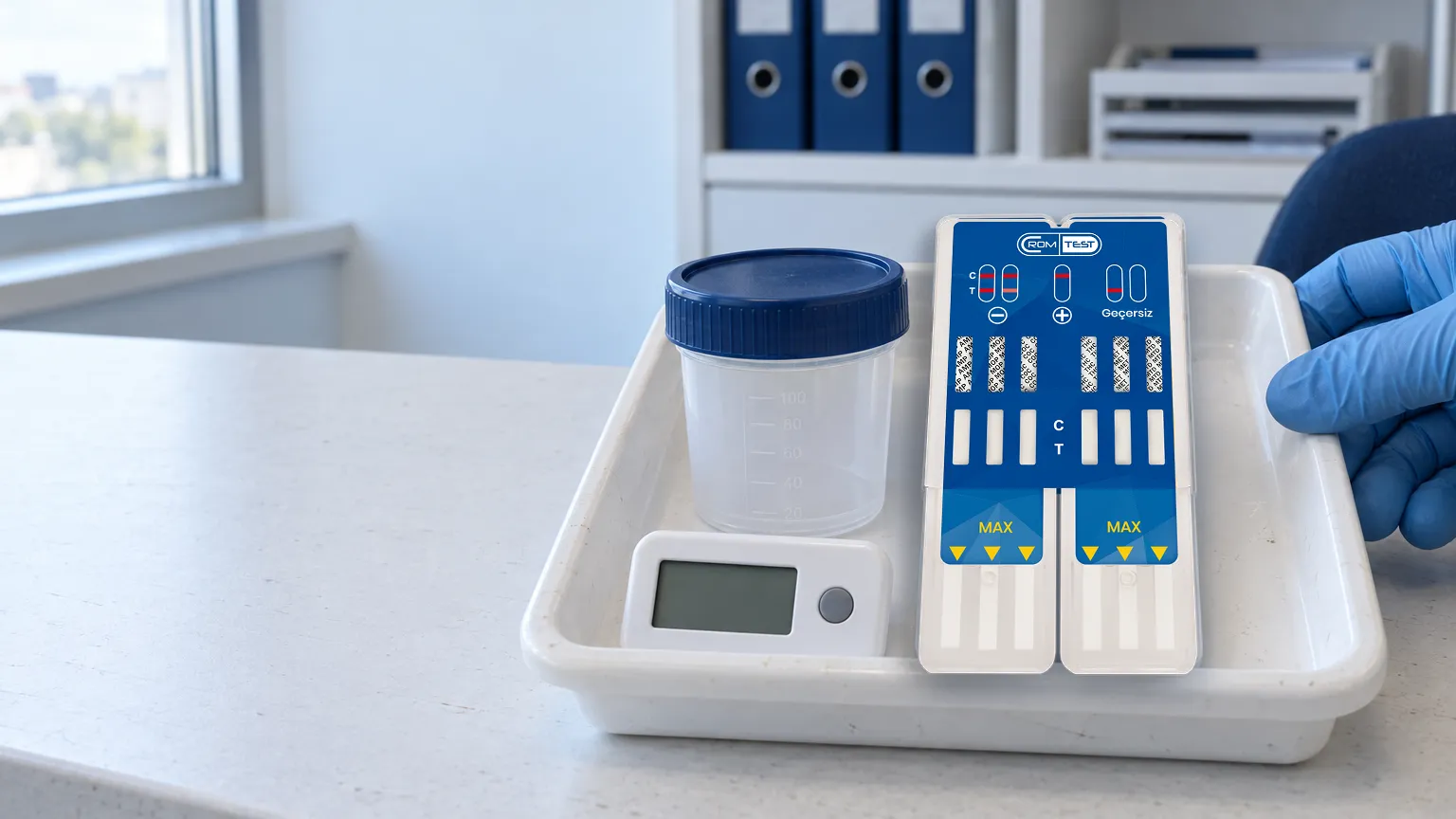CROM TEST çoklu panel idrar test kiti, numune kabı ve tepside dijital zamanlayıcı