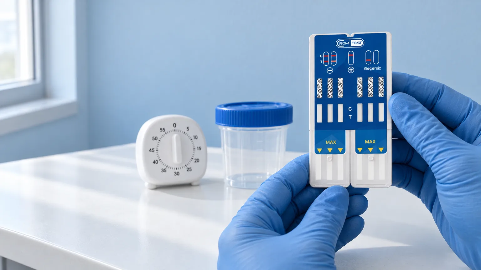 Mavi eldivenli eller CROM TEST çoklu panel test kitini okuma mesafesinde tutuyor, masada zamanlayıcı ve kapalı numune kabı var