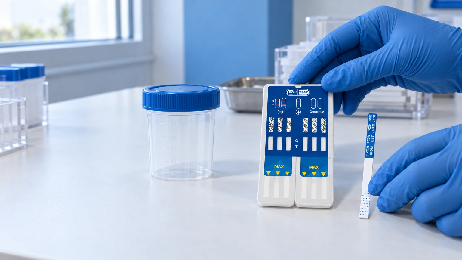 Mavi eldivenli eller CROM TEST çoklu panel idrar test kitini tutuyor, yanında kapalı numune kabı ve tek test şeridi var